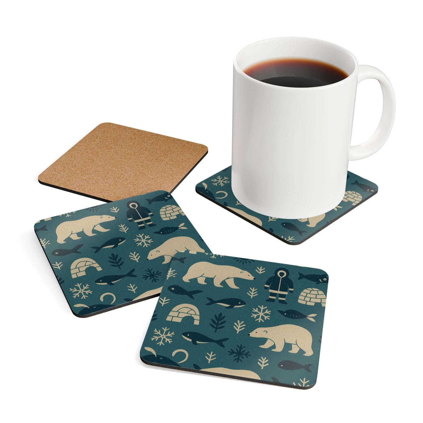 Winter Wildlife Cork Coaster Set | Polar Bear & Igloo Design, Eco-Friendly Drink Coasters, Holiday Home Decor, Rustic Gift Idea