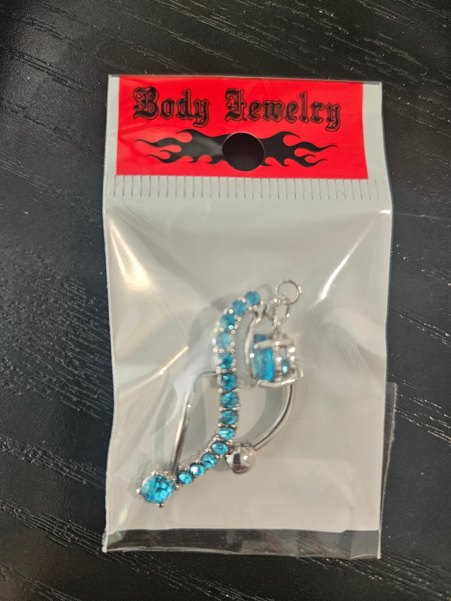 Surgical Steel Double-Curl Reverse Belly Button Ring with Aqua CZ Crystals