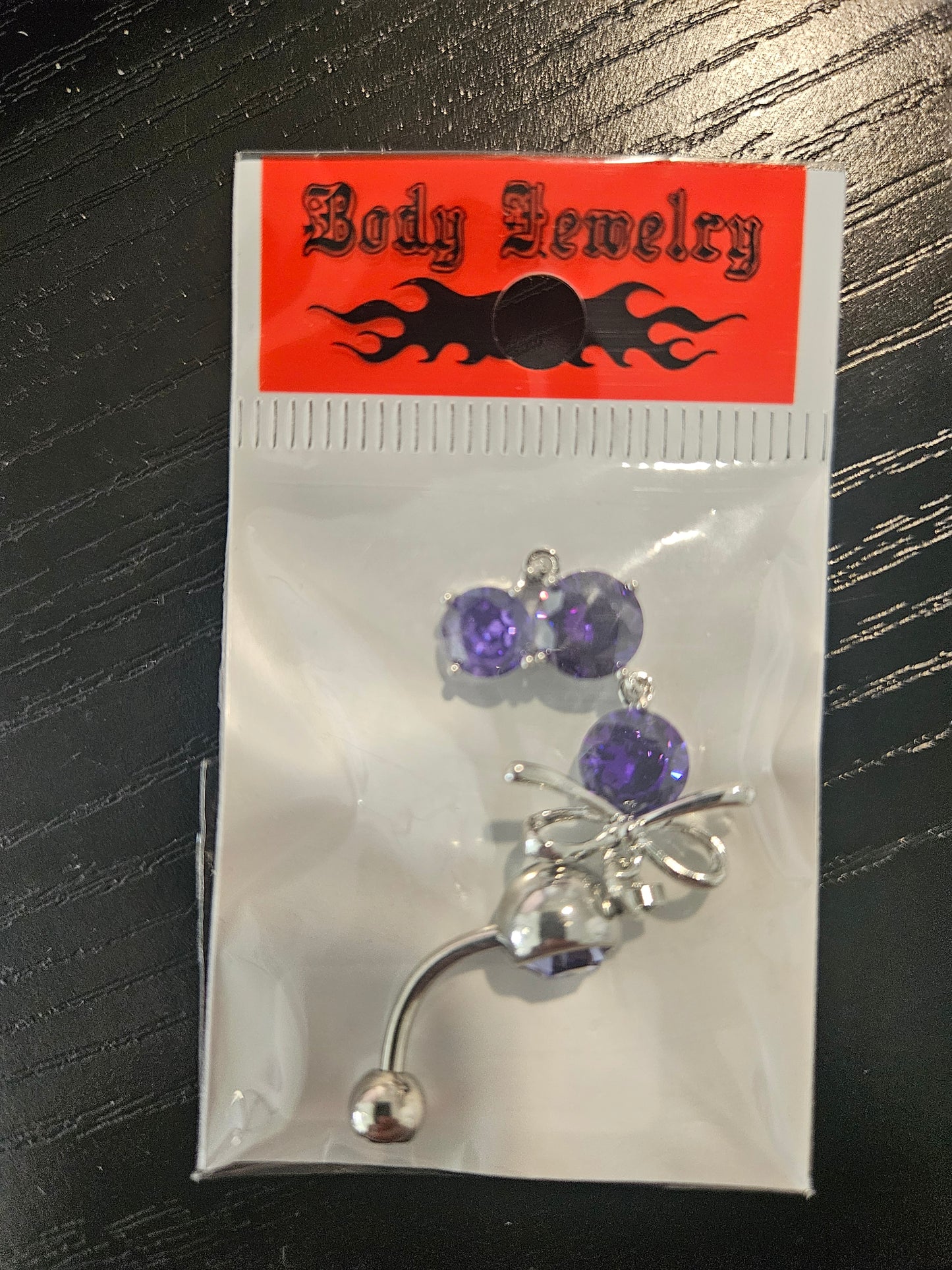 Surgical Steel Bow Dangle Belly Button Ring with Purple CZ Crystals