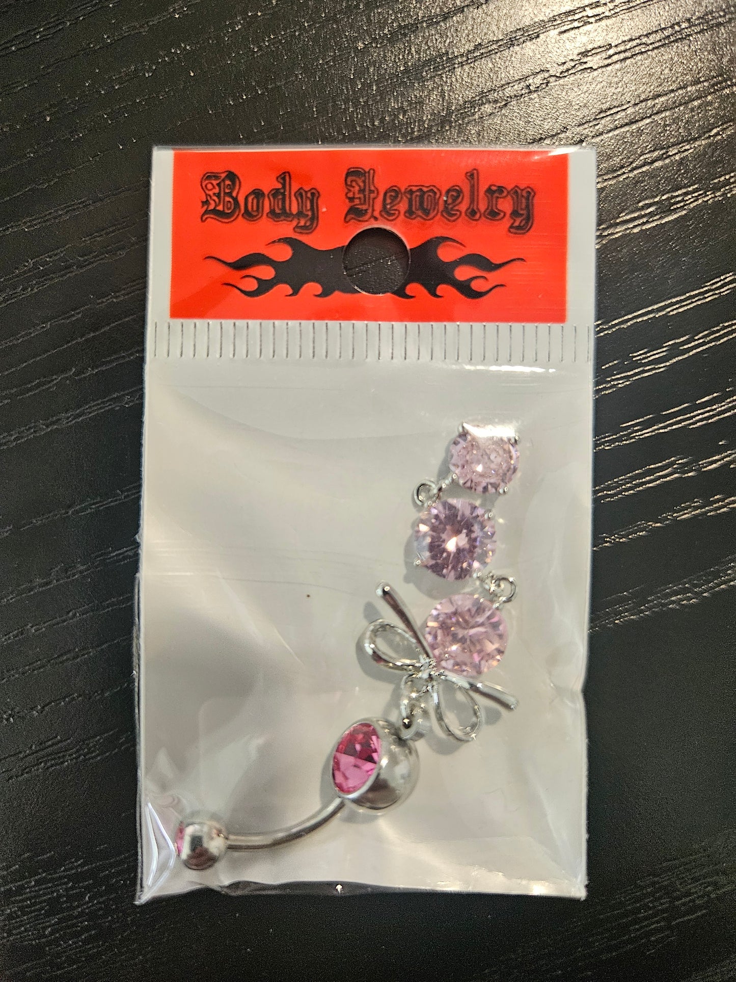 Surgical Steel Bow Dangle Belly Button Ring with Pink CZ Crystals