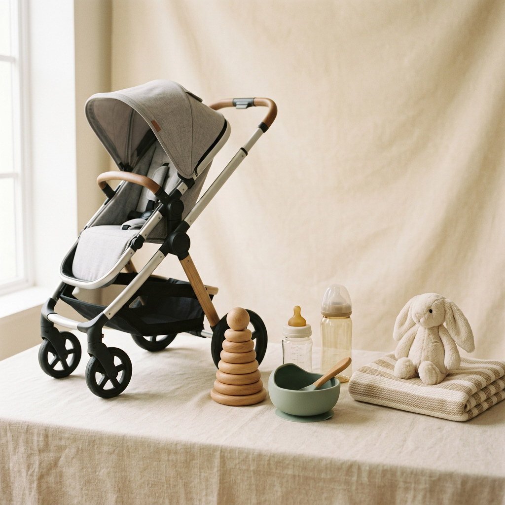 Baby stroller, feeding supplies, stacking rings, nursery blanket and plush bunny on a cream background