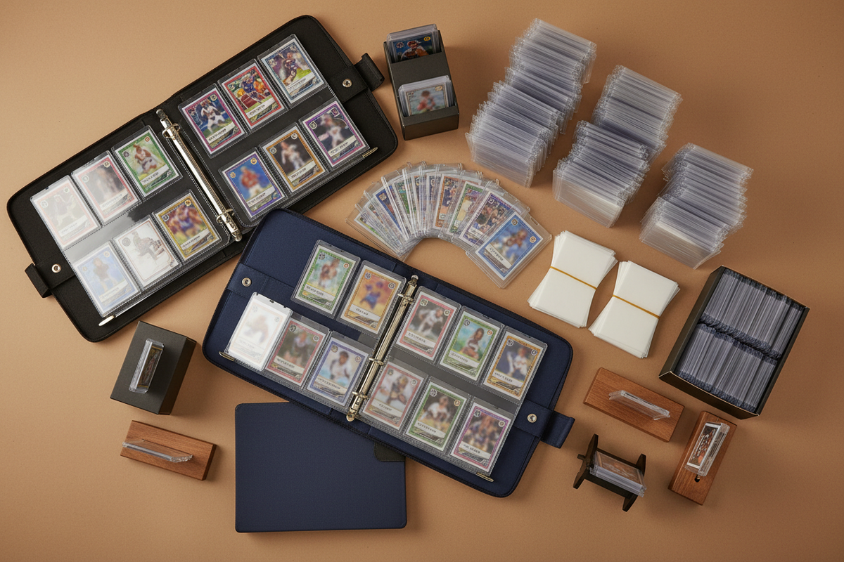 Card protection supplies flat-lay collection image