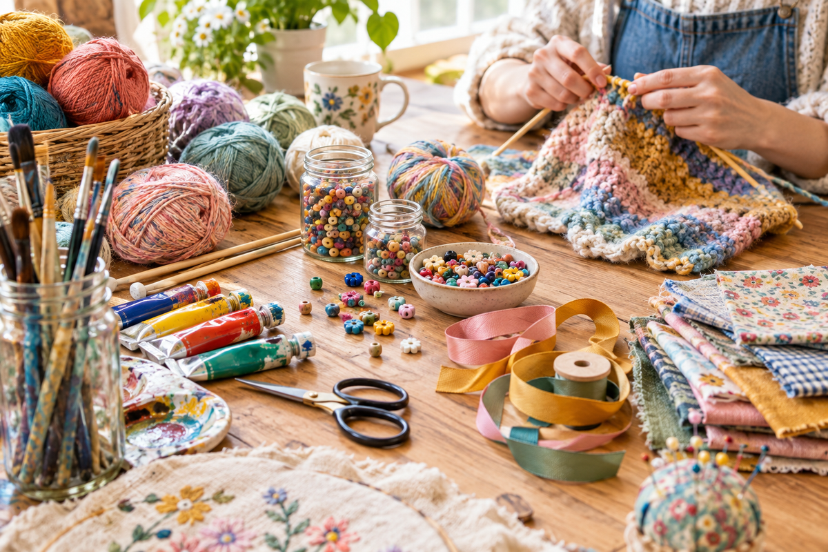 Crafting workspace with yarn, beads, paints and tools