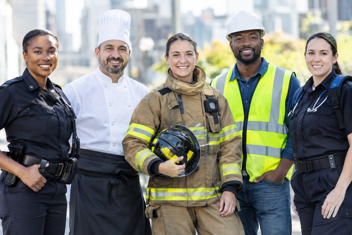 Diverse group of workers: police officer, chef, firefighter, construction worker and paramedic