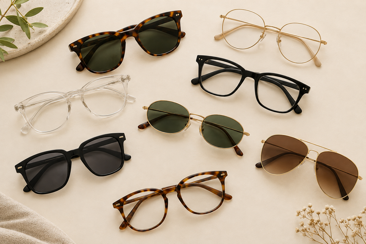 Eyewear collection image: assorted glasses and sunglasses flat-lay