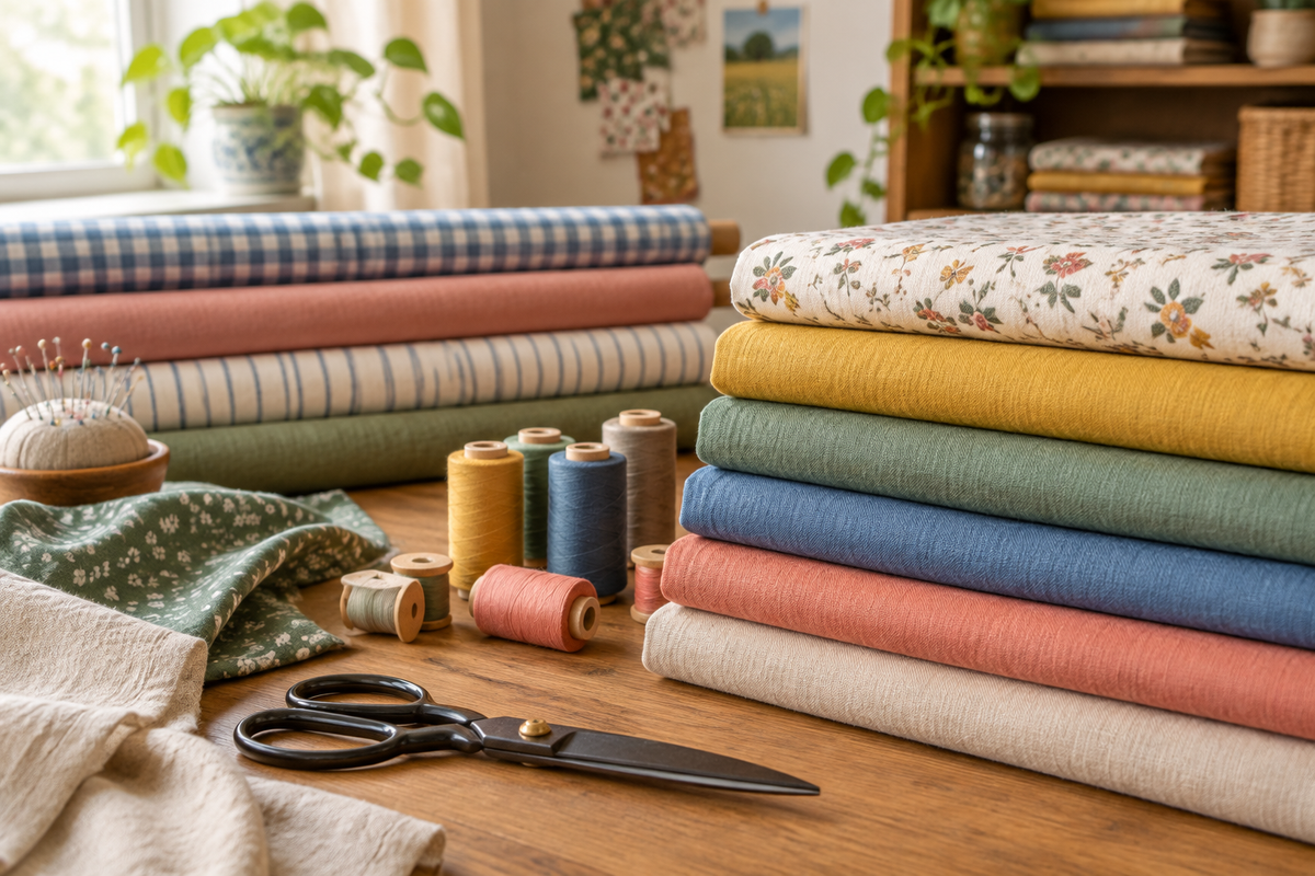 Fabric collection banner with folded fabric bolts, thread spools, and scissors