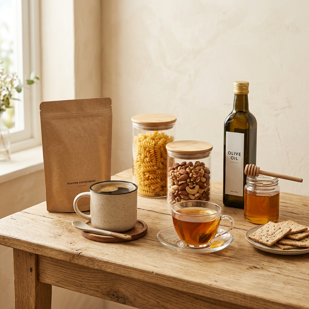 Coffee, tea, dry pasta, mixed nuts, honey, olive oil and crackers arranged on a cream background