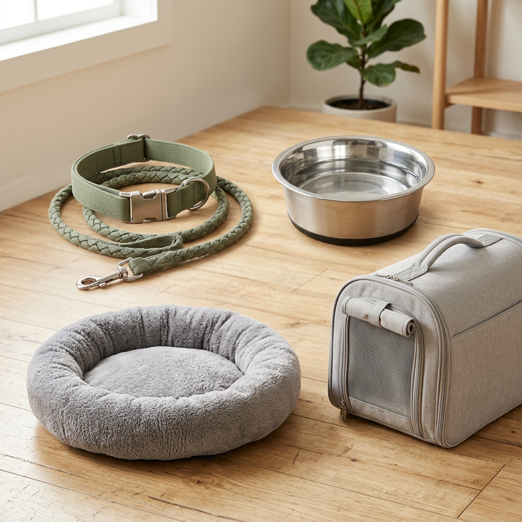 Dog collar and leash, stainless steel bowl, soft pet bed and travel carrier