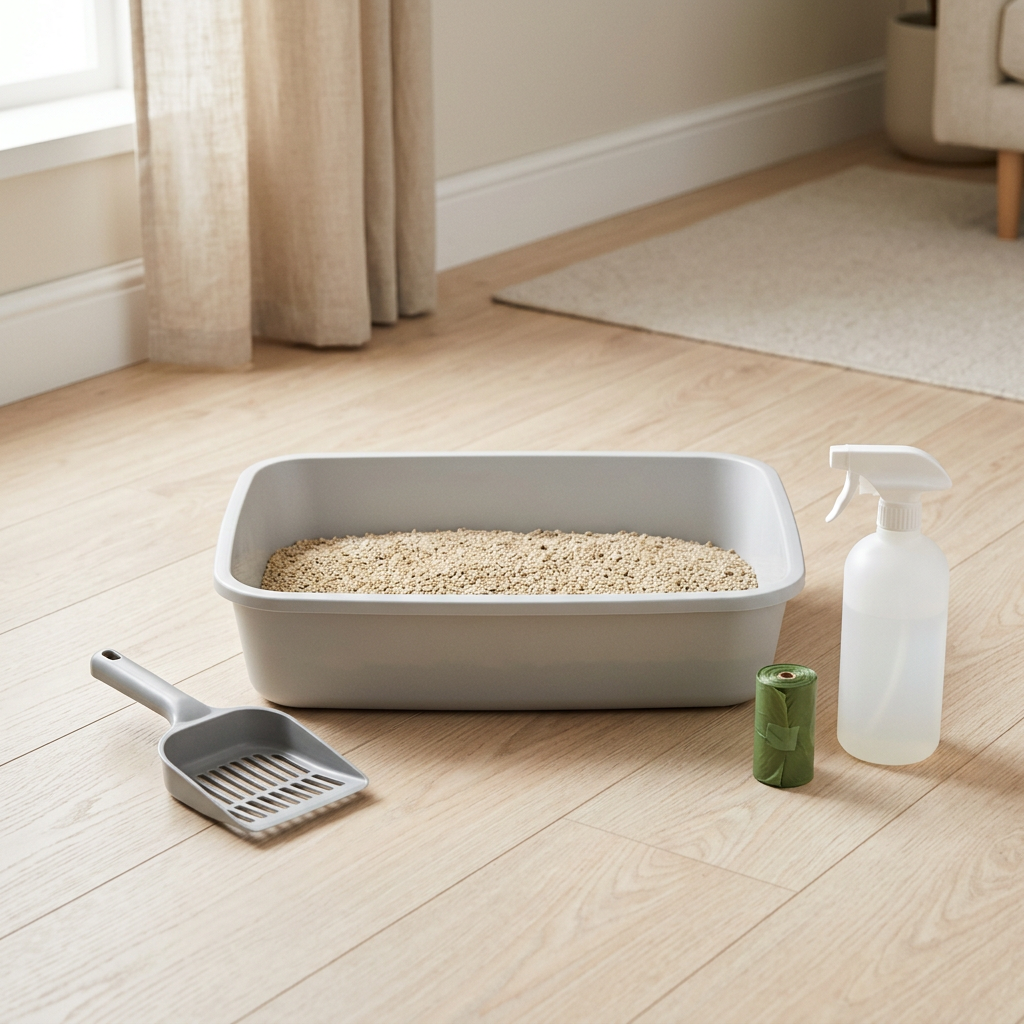 Clean litter tray, scoop, waste bags and a pet-cleaning spray bottle