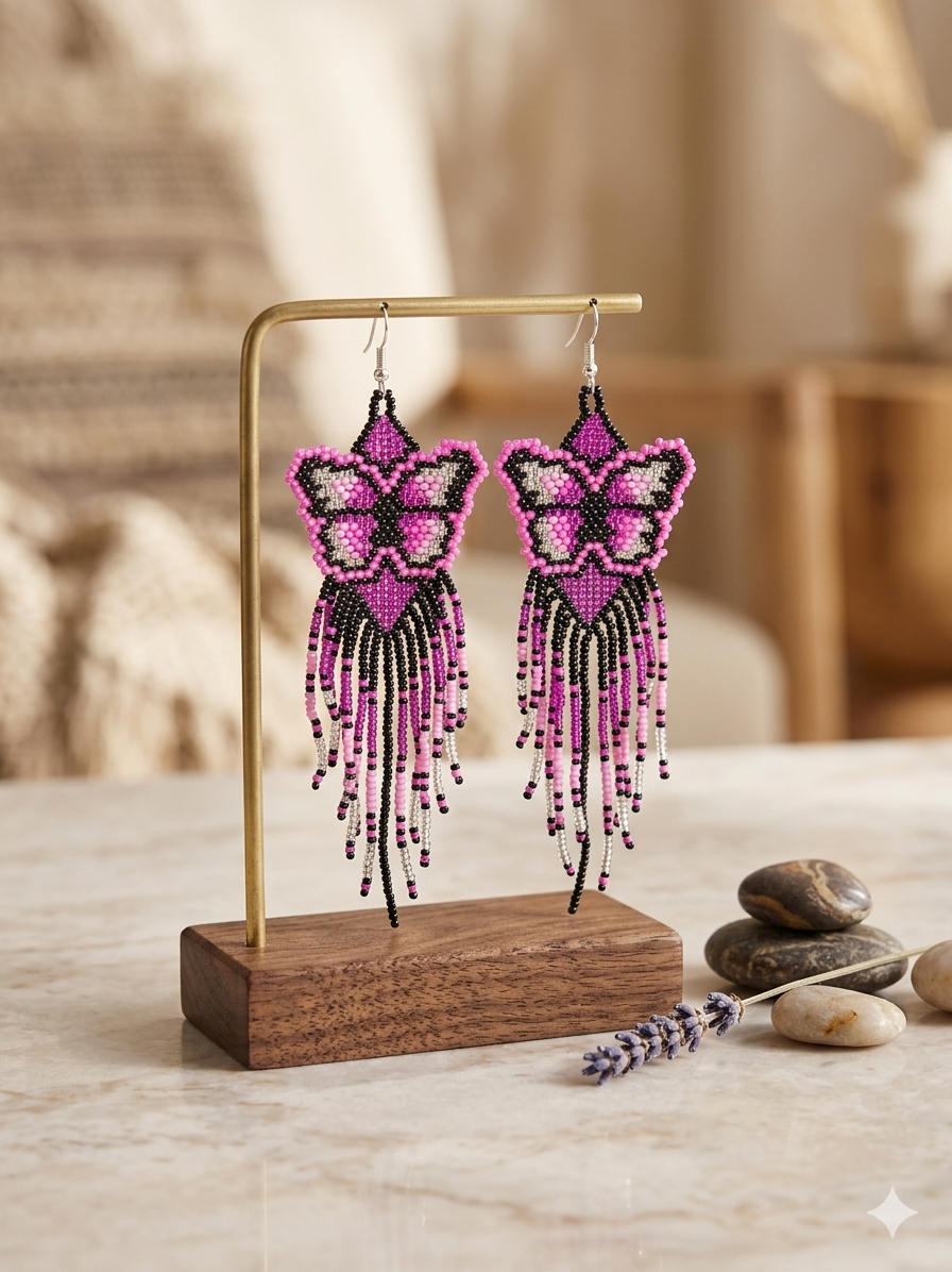 Pink / purple bead Dancing Wing Earrings-3