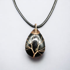 Black Gemstone Pendant Wrapped w/ Gold Tree of Life-2