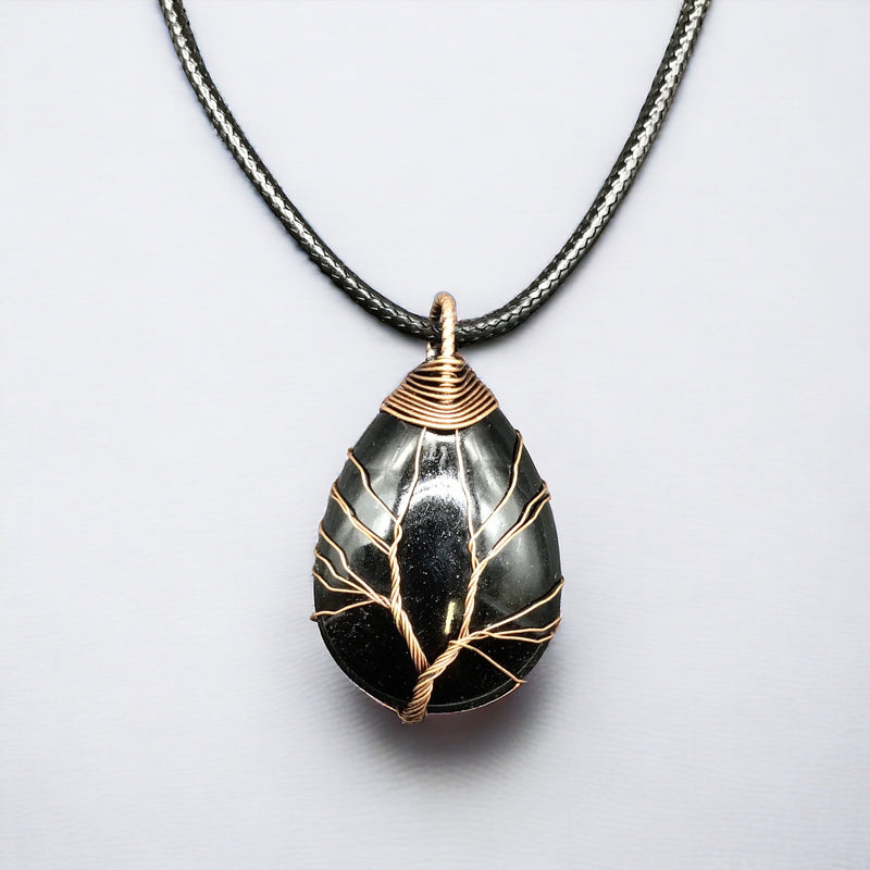 Black Gemstone Pendant Wrapped w/ Gold Tree of Life-2
