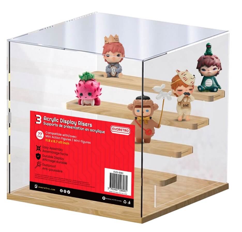 5-Tier EVORETRO Acrylic Display Case – 32.2 x 32 x 32 cm | Crystal Clear Visibility, Wooden Shelves