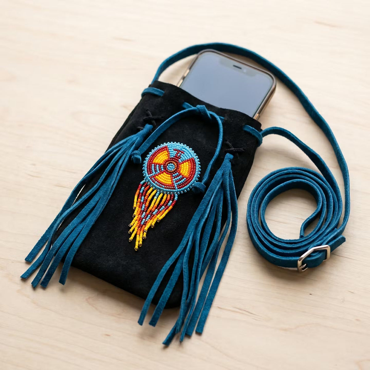 Beaded Suede Phone Pouch ~ Black turquoise-4