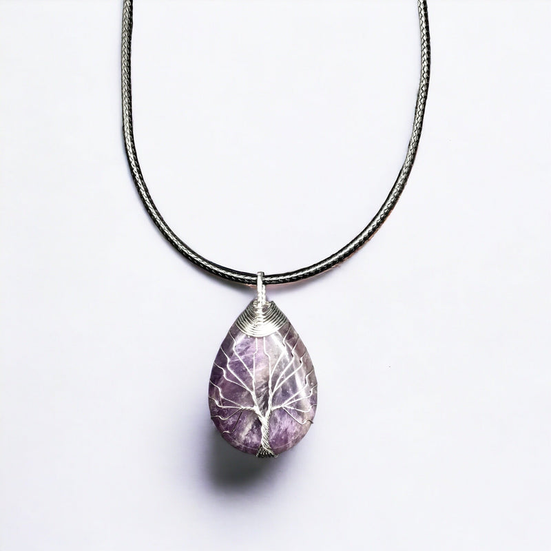 Purple Gemstone Pendant Wrapped w/ Silver Tree of Life-2
