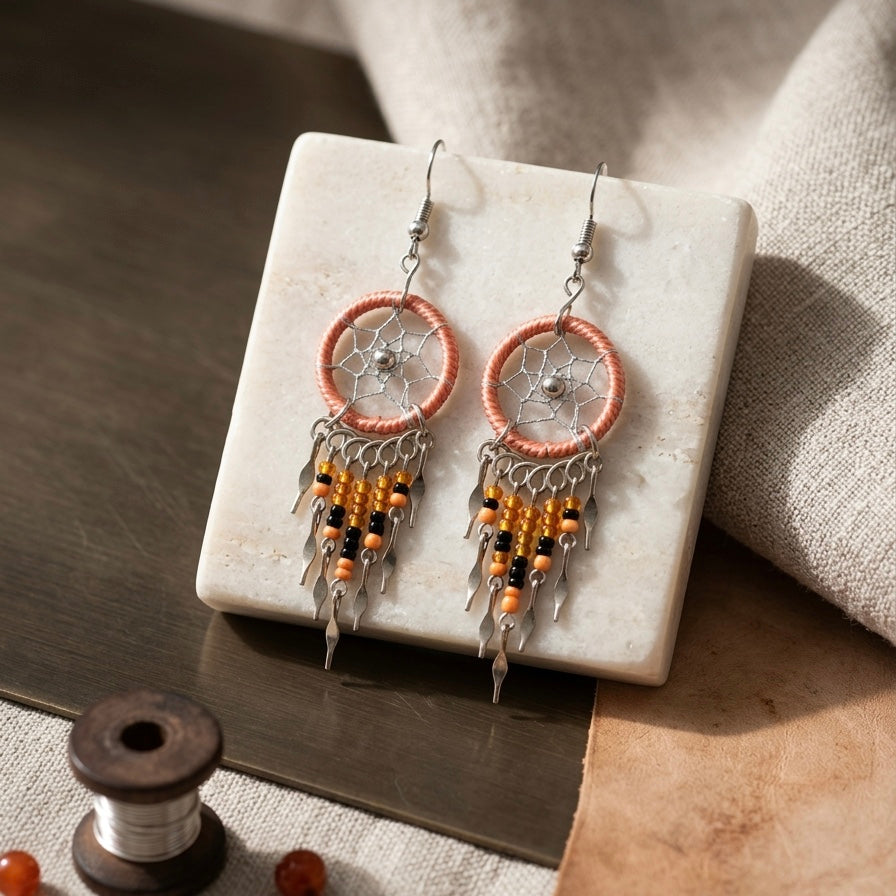 Rose pink beaded dream catcher earrings