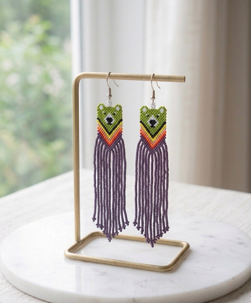 Green - Purple Native Bear Beaded Earrings-1