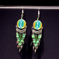 Green and Yellow Southwestern Round Shaped Dangle Earrings-1