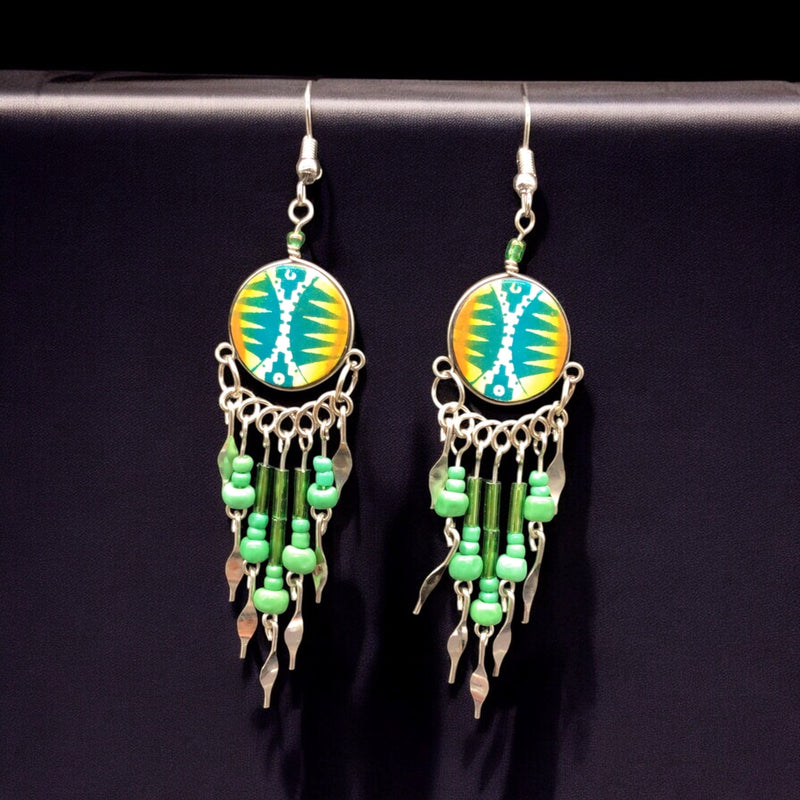 Green and Yellow Southwestern Round Shaped Dangle Earrings-1
