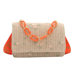 Women's Straw Small Square Crossbody Bag with Acrylic Chain-1