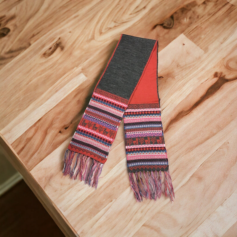 Red and Greyish Black Handmade Reversible Alpaca Scarf-1