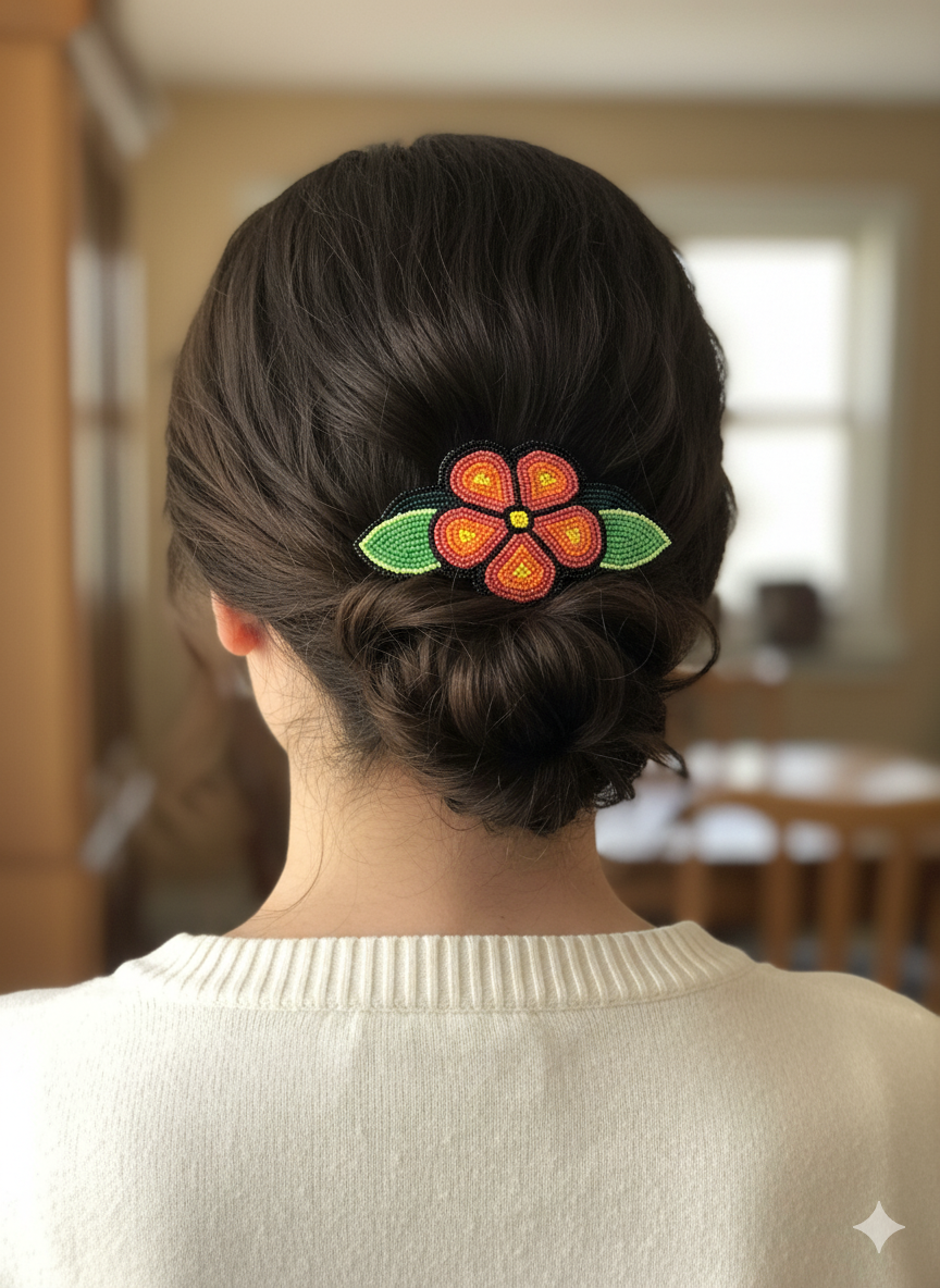 Peach Beaded Flower Barrette-4