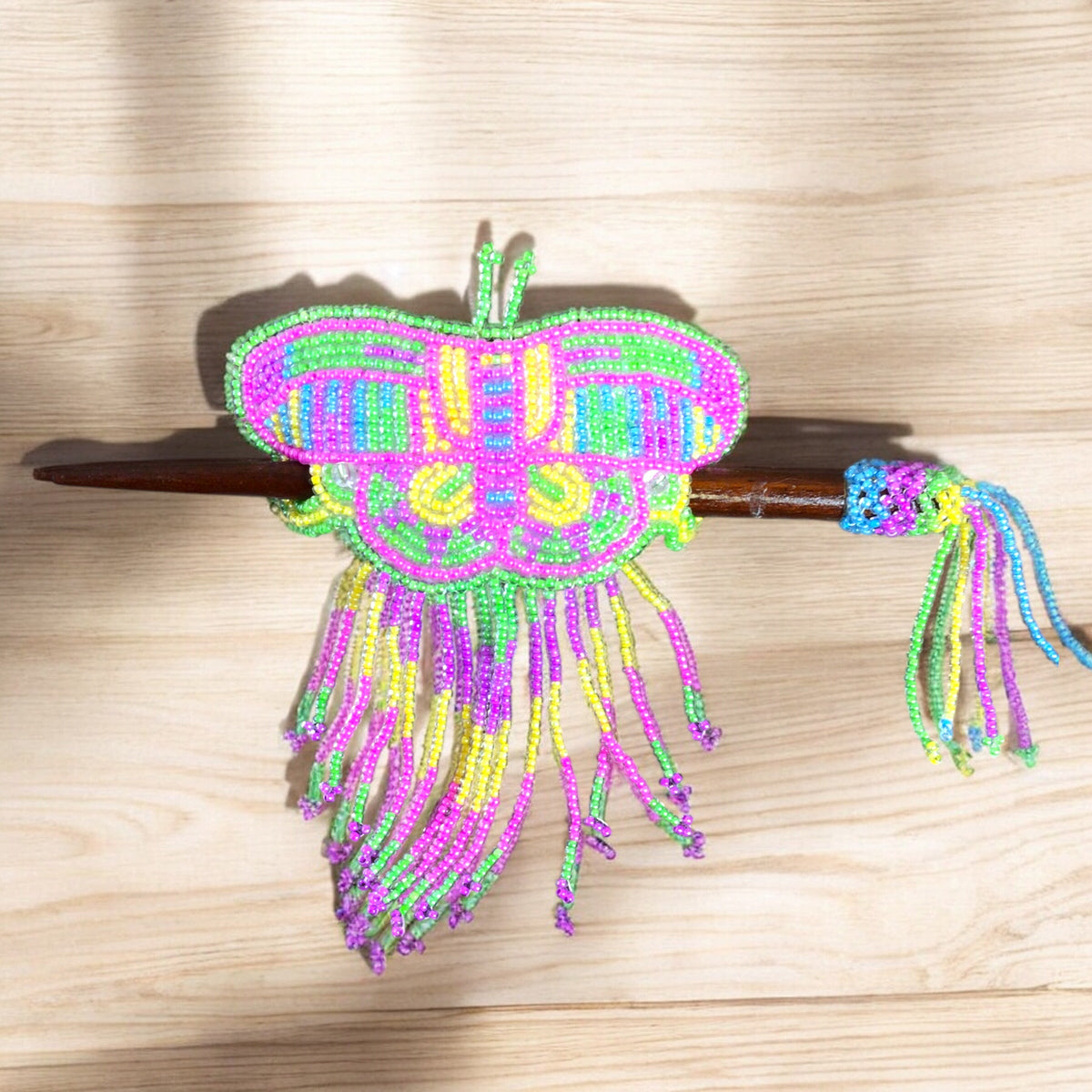 Pink and Green Wooden Stick Butterfly Beaded Barrette with Fringes-2