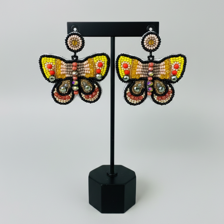 Butterfly Beaded Earrings - Yellow and Orange-1