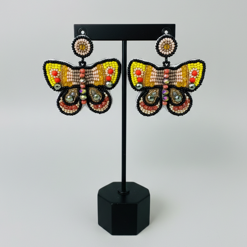 Butterfly Beaded Earrings - Yellow and Orange-1
