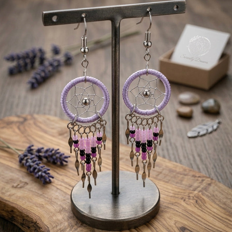Light Purple Beaded Dreamcatcher earrings-1