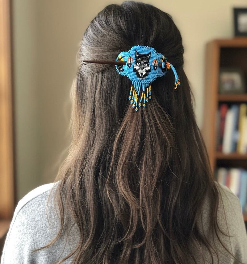 Wolf Fringed Beaded Barrette & Wooden Stick-6