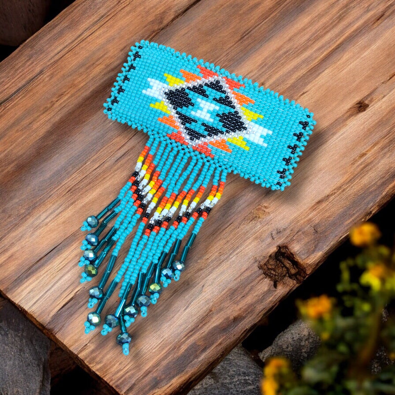 Rectangular Fringed Barrette - Turquoise and yellow-2