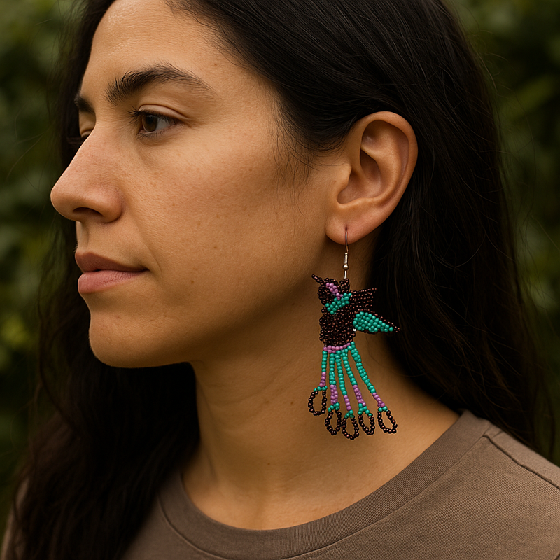 Handmade Beaded Hummingbird Earrings – Turquoise & Purple-1
