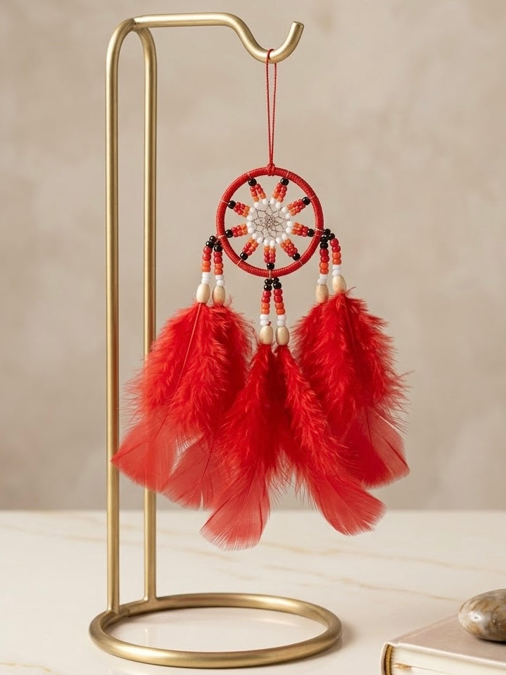 Small Handmade Red Dreamcatcher with Red Feathers-3
