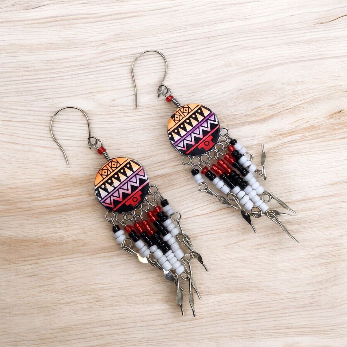 Orange and Red Southwestern Round Shaped Dangle Earrings-2