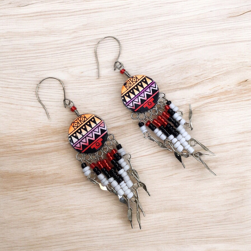 Orange and Red Southwestern Round Shaped Dangle Earrings-2
