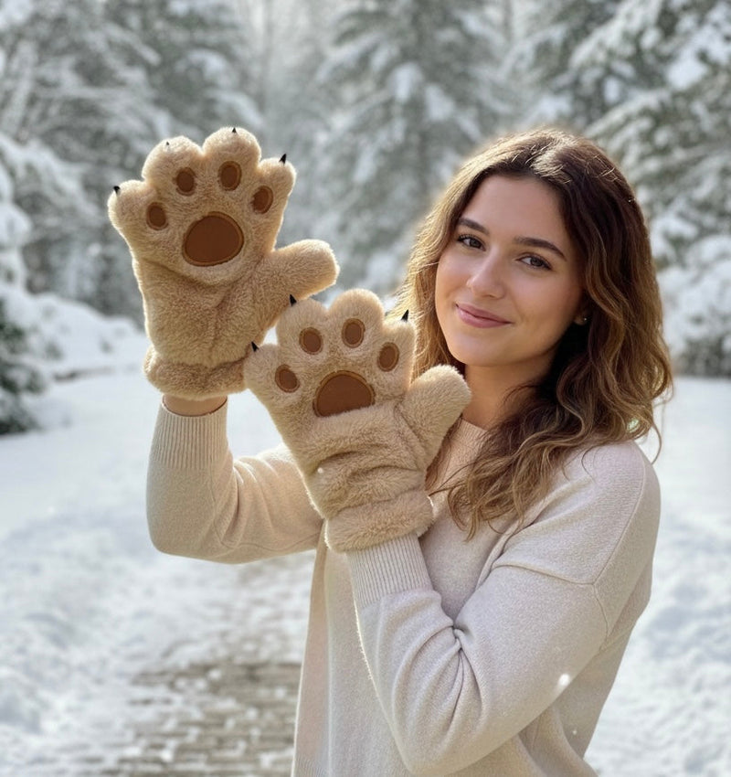 Brown Soft Plush Bear Paw Gloves-2