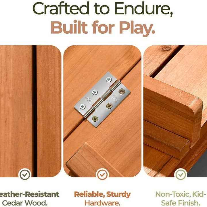 Play22 - Cedar Wood Kids Sandbox with Foldable Bench Seats - Ages 4+-7