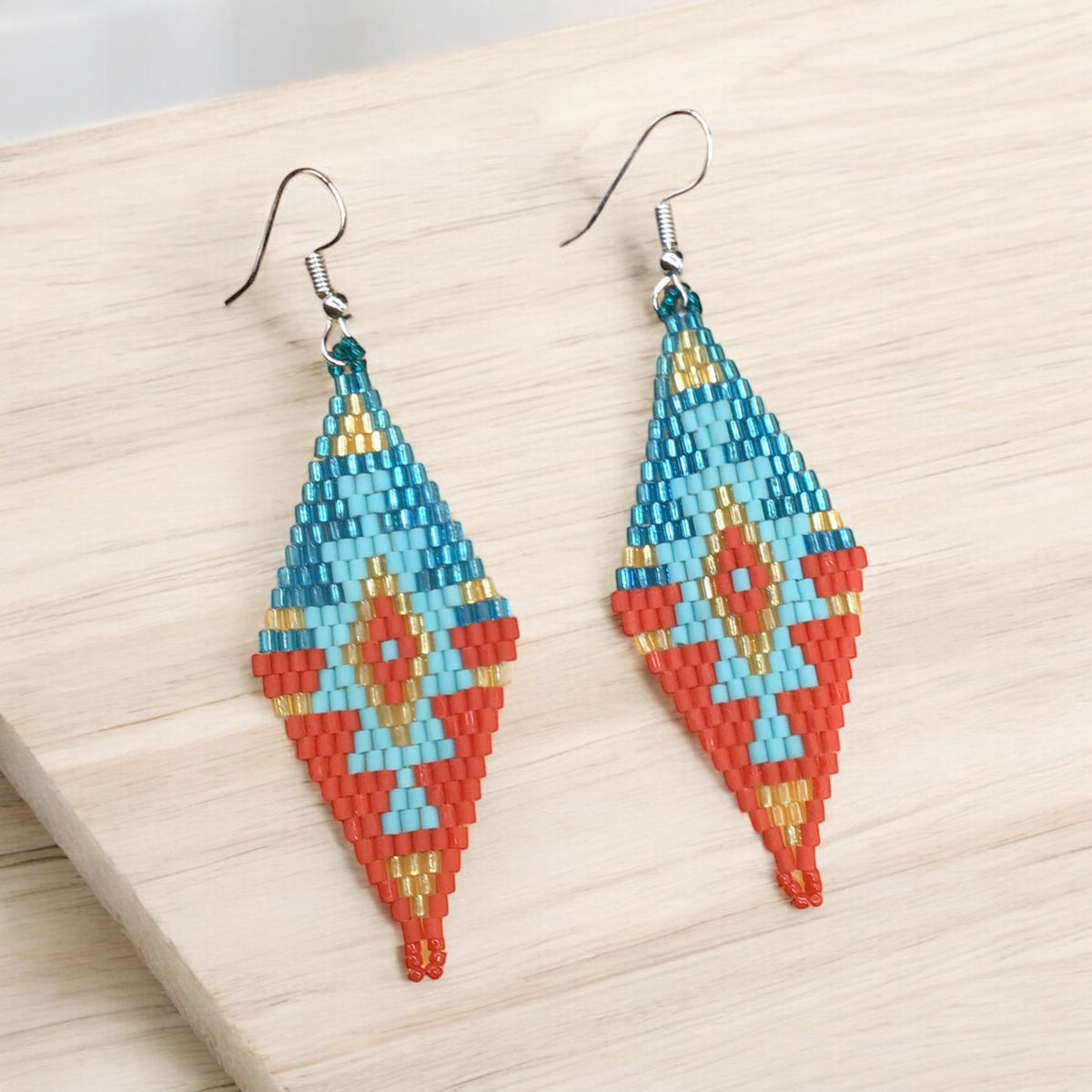 Red and Turquoise Miyuki Glass Beaded Earrings-2