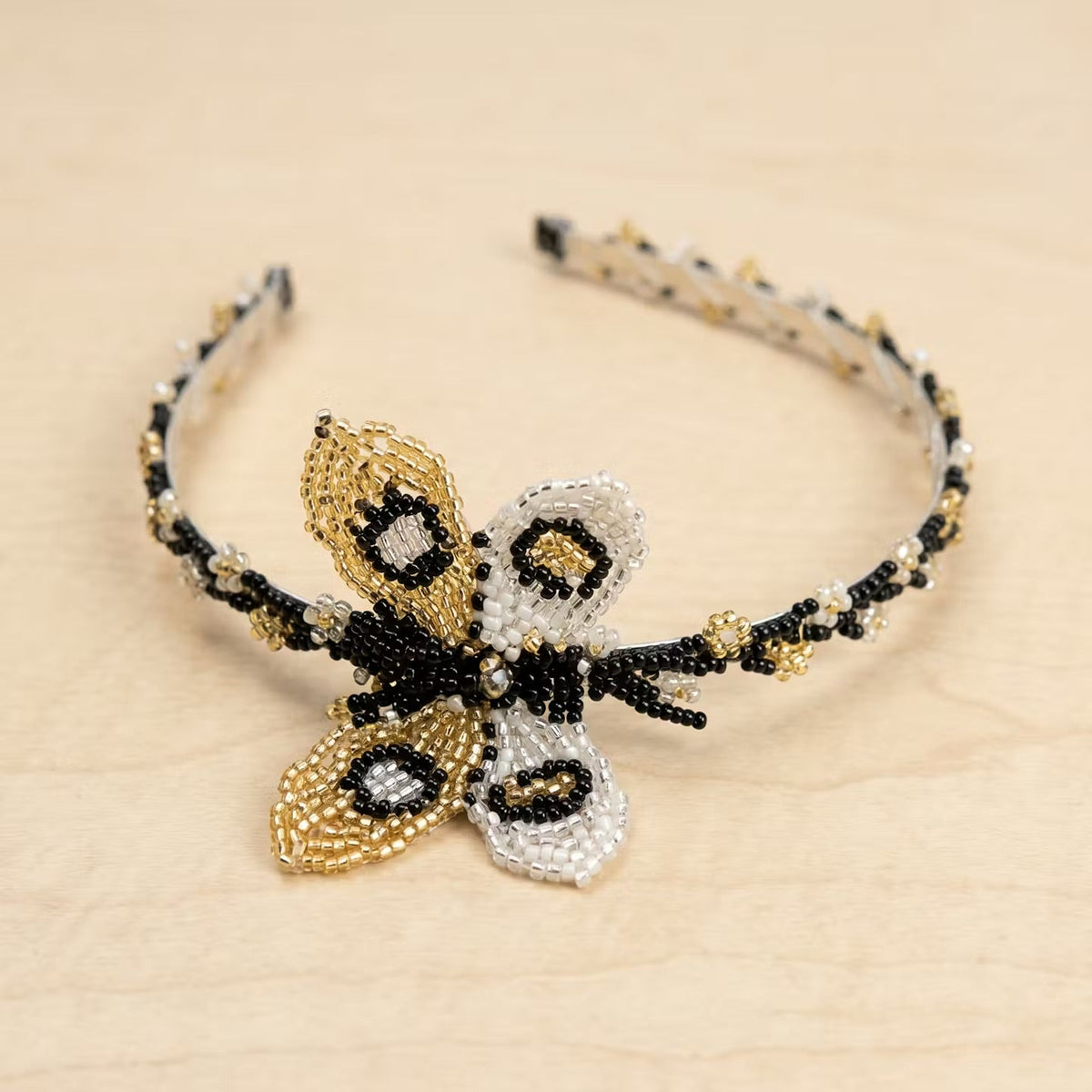 Beaded Headband with Butterfly Golden & White-2
