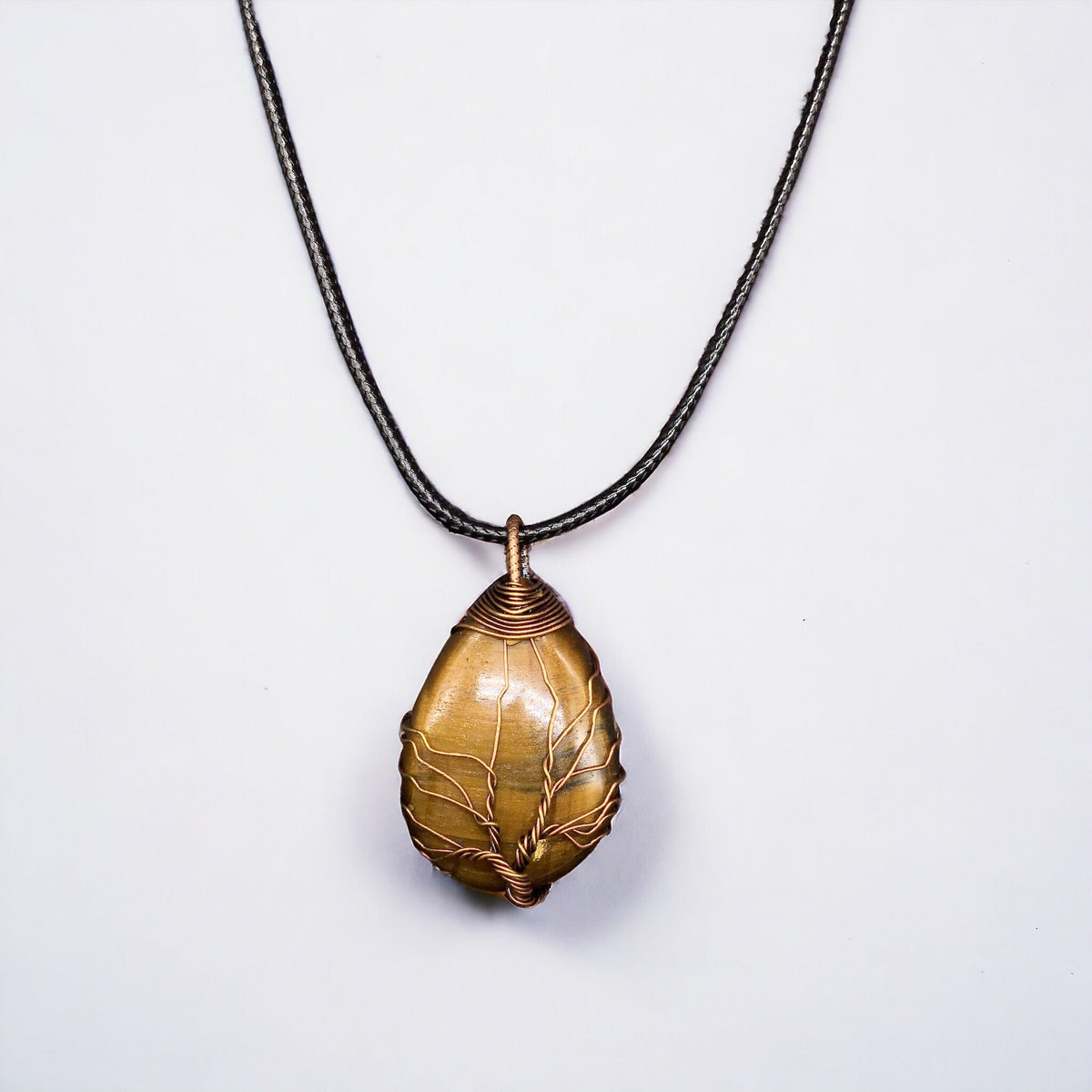 Yellow golden tiger eyes Gemstone Pendant Wrapped w/ bronze Tree of Life-2