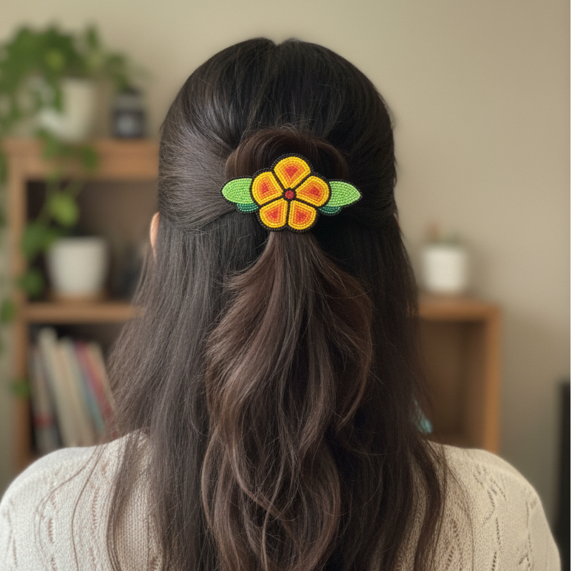 Red and Yellow Beaded Flower Barrette