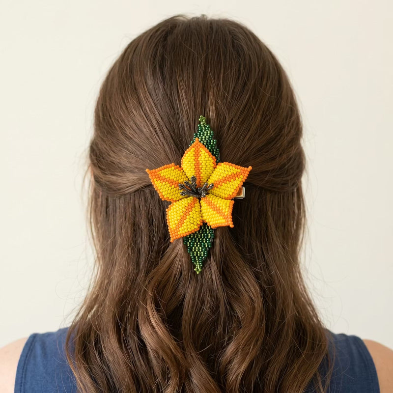 Yellow Ember Bloom Beaded Hair Barrette-4