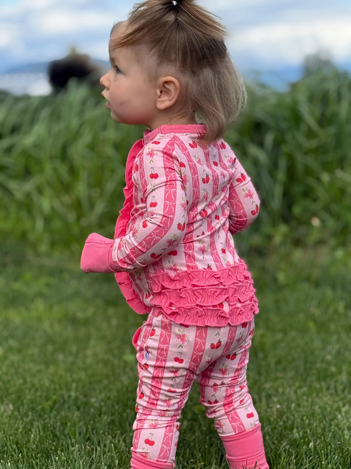 Convertible Footed One Piece - Pink Strawberry & Cherry Bows-5