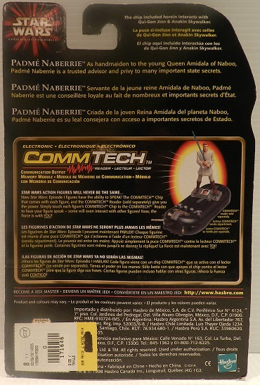 Star Wars Episodio I – Figura de Padmé Naberrie de 3,75" con pantalla de visión de Podracer y chip CommTech (UPC: 076281840765) — El cartón trasero tiene un adhesivo con el precio (precio tachado)