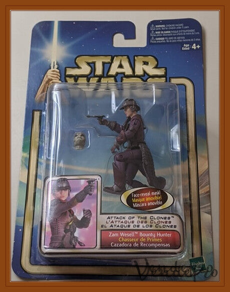 Star Wars AOTC – Zam Wesell (Cazarrecompensas) con rostro revelado y bláster (UPC: 076930846551)