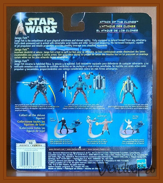 Star Wars AOTC – Jango Fett (Deluxe) con mochila propulsora y armadura electrónicas (UPC: 076930848777)
