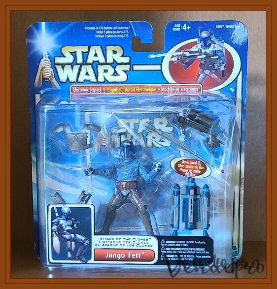 Star Wars AOTC – Jango Fett (Deluxe) con mochila propulsora y armadura electrónicas (UPC: 076930848777)
