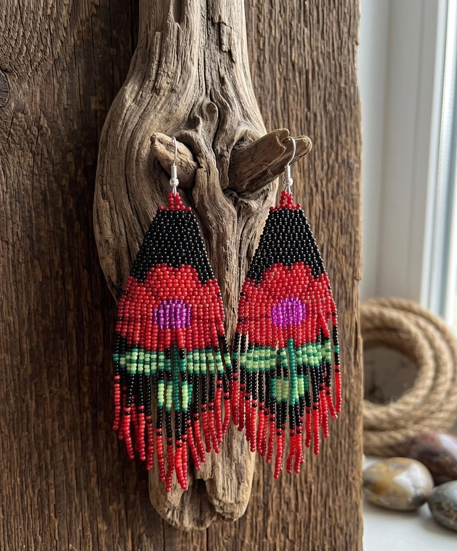 Flower Beaded Earrings ( Red )-1