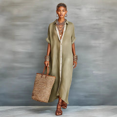 Women’s Summer Short-Sleeve Shirt Dress – Lapel Collar Button-Front Maxi Dress-8